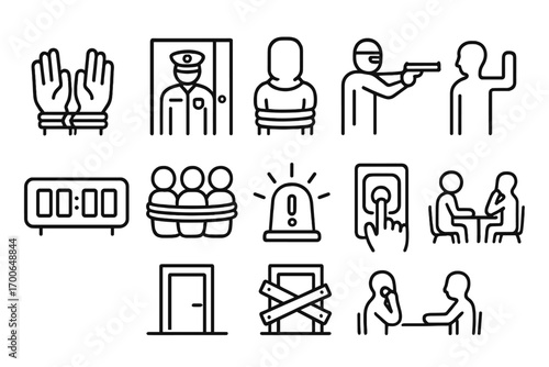 Hostage Situation Icons. Line style icons of hostage robbery scenes: hands tied icon, guard locked in room, hostage figure, threat