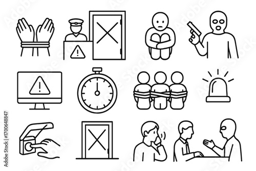 Hostage Situation Icons. Line style icons of hostage robbery scenes: hands tied icon, guard locked in room, hostage figure, threat
