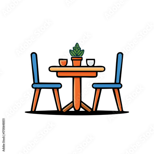 Cozy dining set with plant and cups, inviting and warm atmosphere, great for any design.