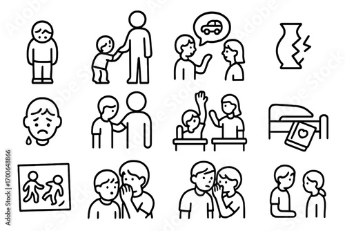 Childhood Confession Icons. Line style icons of child confessions: child with lowered head, hand tugging adult, speech bubble with