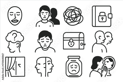 Secrets Line Icons. Line style icons of secrets before confession: sealed lips, dark shadow behind person, tangled string, locked