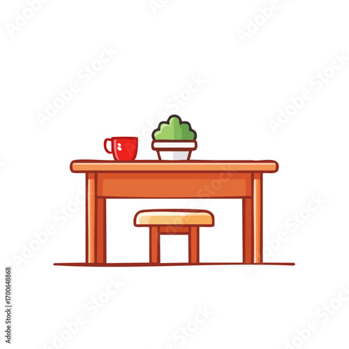 An illustration of a simple wooden table set with a coffee cup, a plant and a small stool. This charming setup suggests a cozy and inviting space.