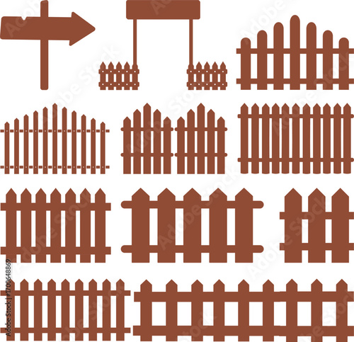 Wooden Fence Icon set. Classic Garden Fencing Symbol. Simple Wooden Fence cassic picket fence that embodies simplicity and security its clean lines and rustic charm.collection of Garden fence wooden.