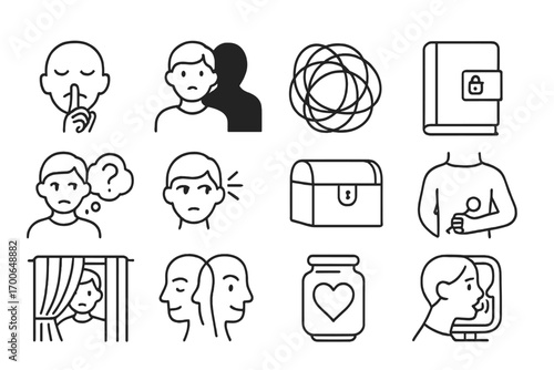 Secrets Line Icons. Line style icons of secrets before confession: sealed lips, dark shadow behind person, tangled string, locked