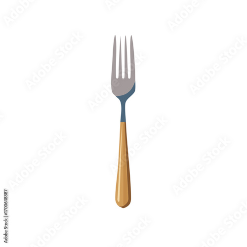 A simple fork with a light brown handle against a solid background. The fork is made of silver metal.