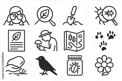 Nature Exploration Icons. Line style icons of nature search: person with binoculars, leaf inspection, digging with trowel,