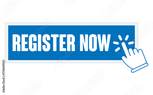 Register Now Vector Art, blue register now icon, Register Now Button image with hand icon