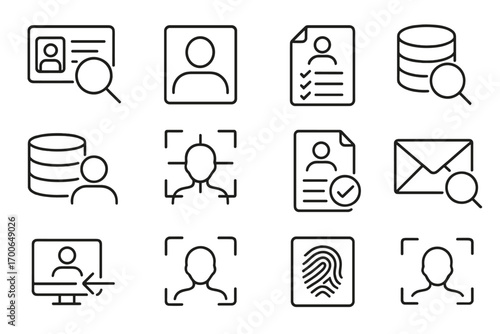 Identity Search Icons. Line style icons of identity and profile search: ID with magnifier, user photo icon, profile checklist,
