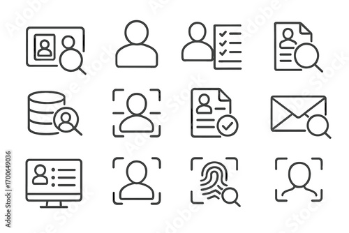 Identity Search Icons. Line style icons of identity and profile search: ID with magnifier, user photo icon, profile checklist,