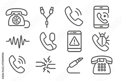 Phone Tapping Icons. Line style icons of phone tapping: rotary phone with plug, signal split cable, earpiece icon, phone recording