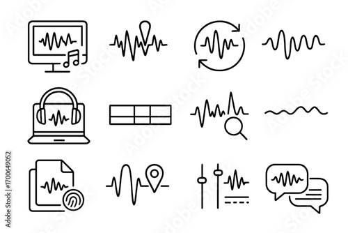 Audio Forensics Icons. Line style icons of audio evidence analysis: audio file on screen, marker on waveform, loop playback icon,