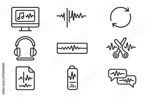 Audio Forensics Icons. Line style icons of audio evidence analysis: audio file on screen, marker on waveform, loop playback icon,