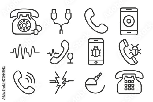 Phone Tapping Icons. Line style icons of phone tapping: rotary phone with plug, signal split cable, earpiece icon, phone recording