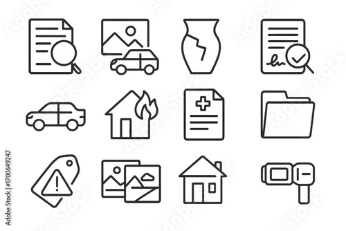 Insurance Investigation Icons. Line style icons of insurance investigation: claim form with magnifier, accident scene photo,