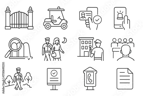 Campus Patrol Icons. Line style icons of campus patrol: university gate icon, security cart, ID check symbol, phone alert app;