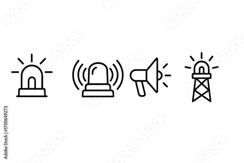 Warning Siren Icons. Line style icons of warning sirens: tower siren, rotating sound waves, megaphone icon with light, emergency