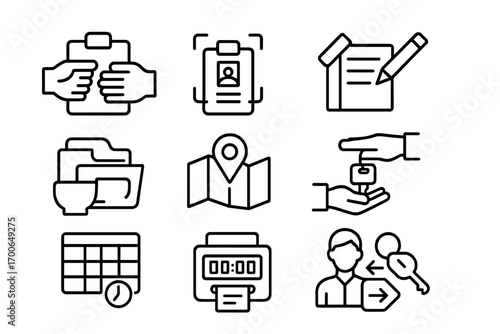 Shift Change Icons. Line style icons of shift change and logs: clipboard handoff, badge scan icon, patrol log sheet, timecard