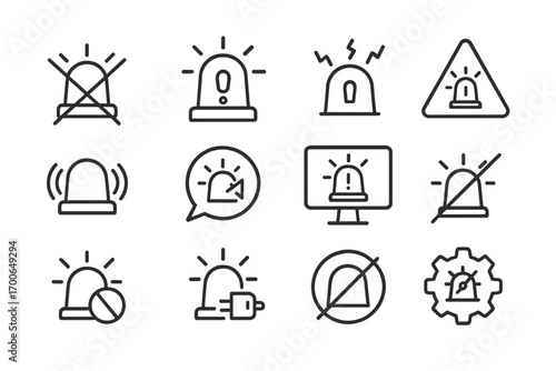Malfunctioning Siren Icons. Line style icons of malfunctioning sirens: crossed-out light icon, error beacon, broken strobe lines,