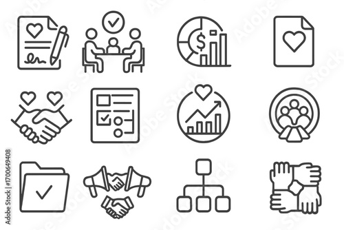 NGO Resolution Icons. Line style icons of non-profit and NGO resolutions: aid agreement signed, board meeting with resolution,
