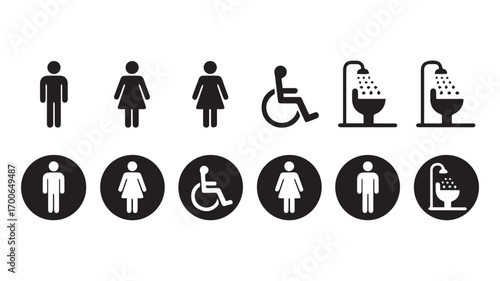 A set of black and white bathroom and accessibility icons arranged in two rows. 
