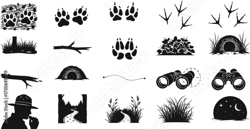 Wildlife tracking icons, animal paw prints, bird footprints, nature observation tools, forest ranger silhouette, binoculars, tracking path, bush and grass, outdoor adventure symbols vector