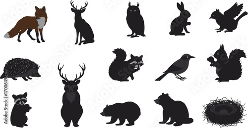 Wild forest animals collection with fox, deer, owl, rabbit, bird, hedgehog, raccoon, squirrel, bear, nest, nature wildlife icons