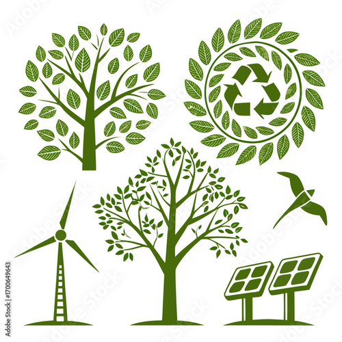 Set of green ecology and nature icons with leaves trees and eco symbols