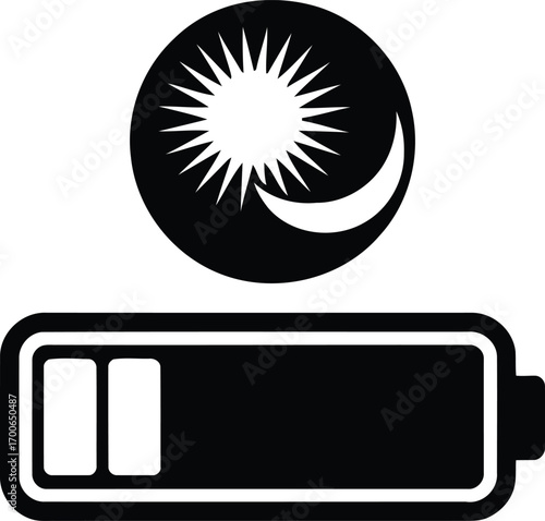 Symbolic Representation of Day and Night with Battery Depletion Warning Depicting Energy Consumption and Management in Devices in Black and White