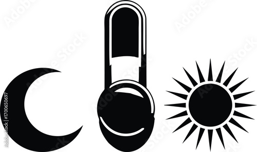 Weather Icons Depicting Day Night and Temperature Indicating Varying Conditions and Climate Changes Represented by Moon Thermometer and Sun Symbols Displaying Weather Patterns