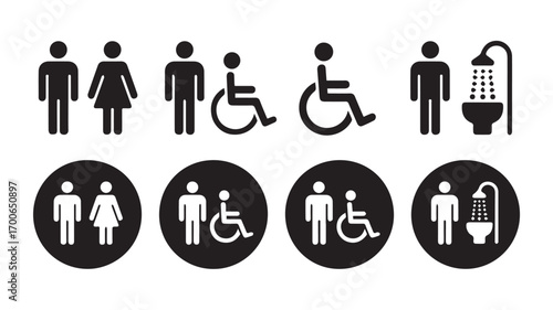 A set of black and white bathroom and accessibility icons arranged in two rows. 