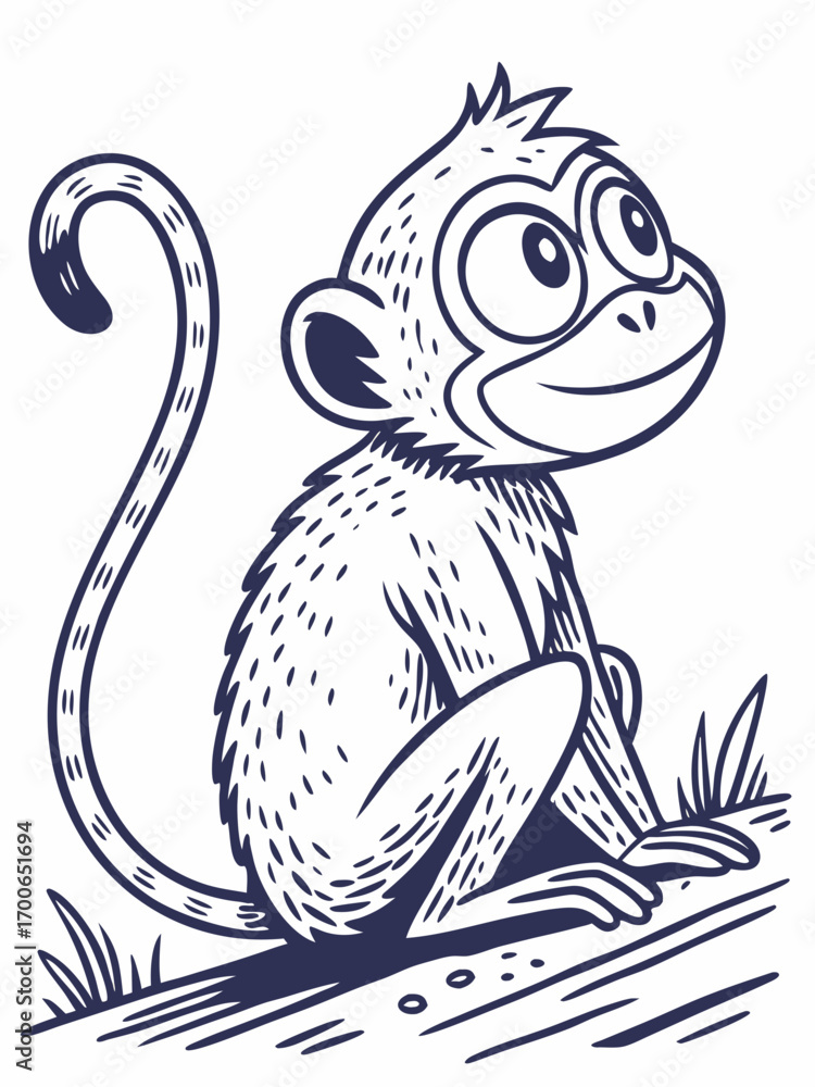 Obraz premium Monkey Sitting Stylized Engraving Sketch Vector Illustration 