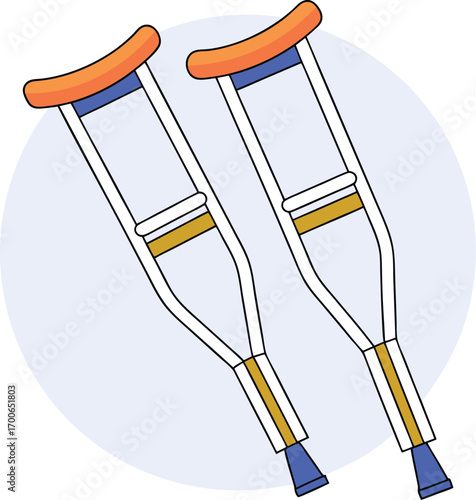 Modern Flat-Style Illustration: Pair of Underarm Crutches, Medical Aid, Recovery Support
