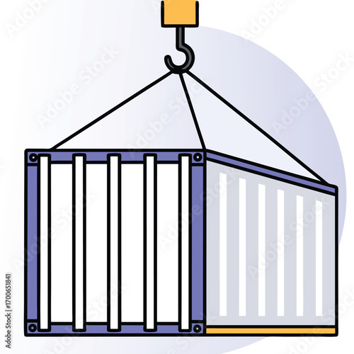 Shipping container being lifted by crane with bold outline and flat colors cargo container