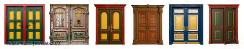 Decorative wooden doors set including ornate, colorful, rustic, and vintage styles isolated. Architectural elements and design.