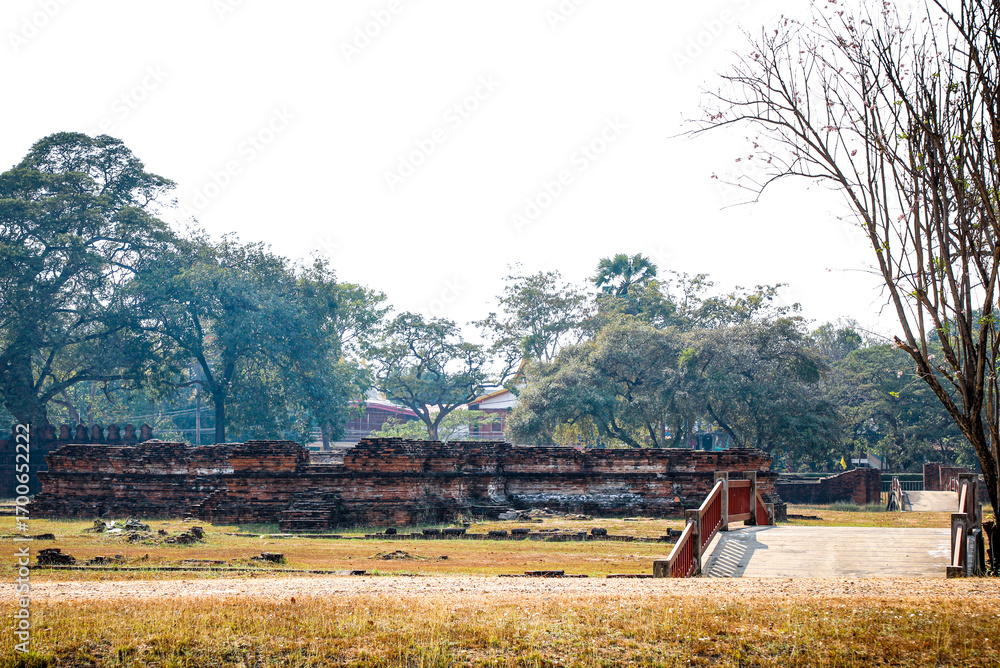 Fototapeta premium The ancient palace or the Royal Palace in Ayutthaya, at present, only the foundation remains. It is assumed that King U Thong built it when he was residing at Wiang Lek in 1347 B.E.