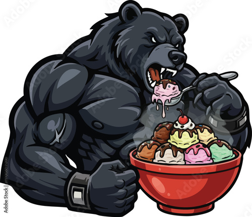 A powerful, muscular bear mascot devours a huge bowl of ice cream, showcasing a fun mix of strength and indulgence