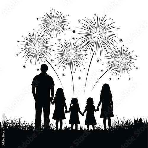 Vector art of silhouette of a father and four children standing in grass watching fireworks explode in the night sky