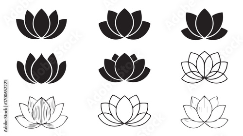 A set of nine minimalist lotus flower designs arranged in a 3x3 grid. 