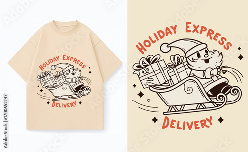 T shirt displaying a cartoon Santa Claus in a sleigh delivering gifts with the words Holiday Express Delivery