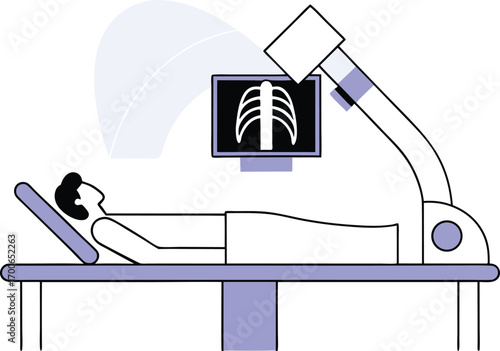 Modern Medical X-Ray Illustration: Patient on Table, Minimalist Line Art Style, Calm and Reassuring Tone.