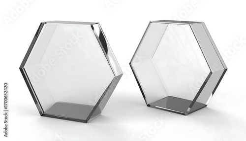 Two clear hexagon display cases on white background