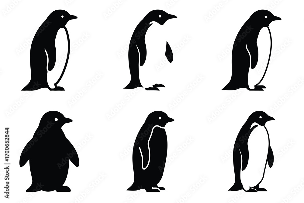 Obraz premium Penguin vector icon set, black color and white background