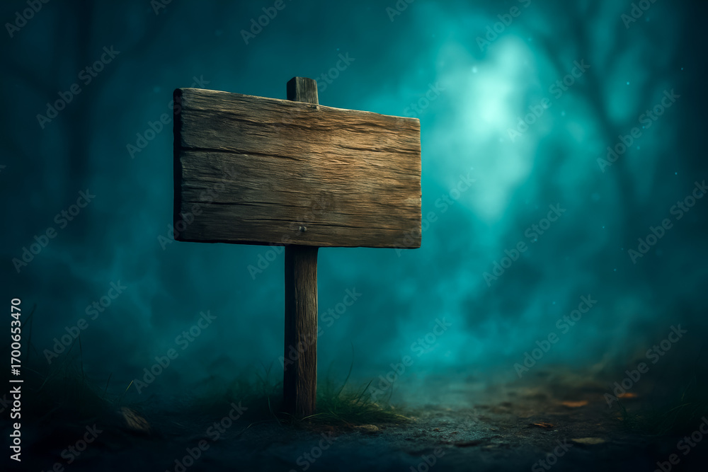 Fototapeta premium Wooden signpost in a mysterious foggy forest setting