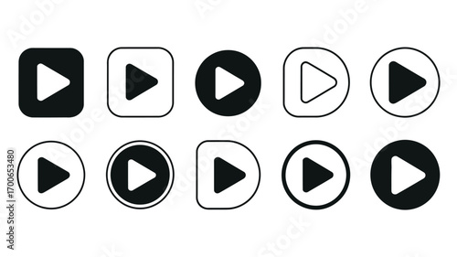 Vector art of collection of play button icons for media playback, video streaming, and interactive user interfaces