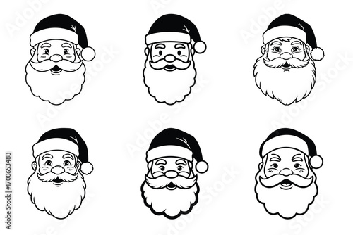 Santa Claus face vector icon set, black color and white background
