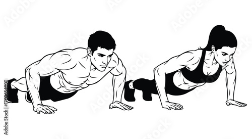 Vector art of man and woman doing pushups sidebyside as a couple exercising together in a fitness activity