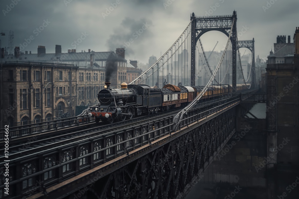Obraz premium Victorian freight train crosses iron bridge with coal cargo through foggy London