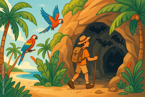 Tropical island with tourist exploring caves with bats and colorful parrots
