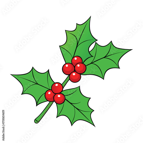 A festive holly branch adorned with glossy green leaves and bright red berries, perfect for holiday décor, adding a touch of seasonal charm and natural beauty.
