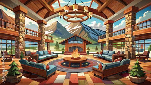 Breathtaking 360-degree panorama of a mountain lodge hotel lobby, showcasing stone fireplaces, deep brown leather sofas, wooden beams, and soft rugs, evoking warmth, nature, and rustic elegance.